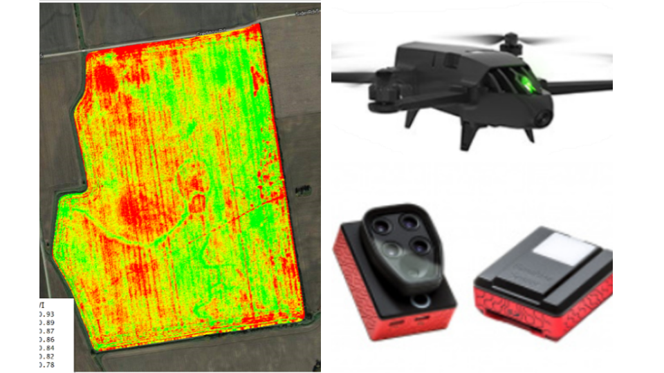 En el lado izquierdo se muestra el dron Bluegrass y la cámara multiespectral sequoia. En el lado derecho se muestra un ejemplo de un orto mosaico multiespectral y la representación del índice NDVI.