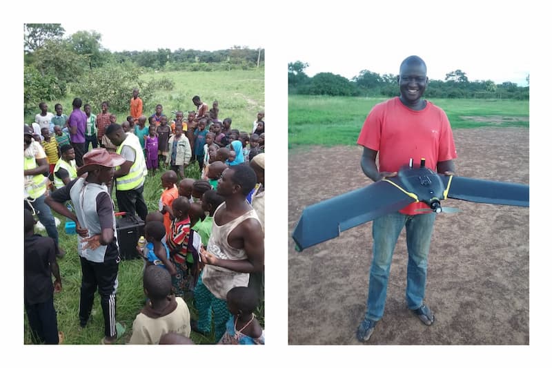 (Left) Farmers receiving training from Benin Flying Labs in using drones in agriculture; (Right) Benin Flying Labs member holding a fixed-wing drone for plantation mapping